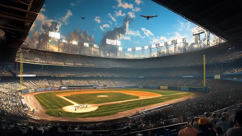 Panoramic digital rendering captures sunlit baseball stadium