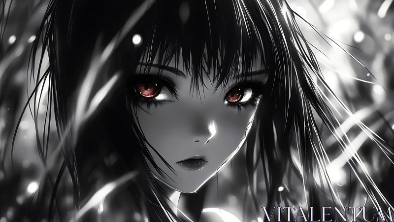 Monochrome close-up of long-haired anime girl portrait.