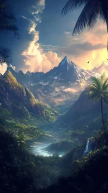 Tropical valley with towering snow peak at sunrise.