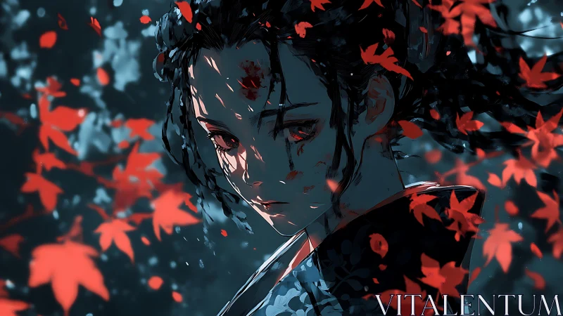 Wounded samurai gazes through falling crimson leaves at dusk