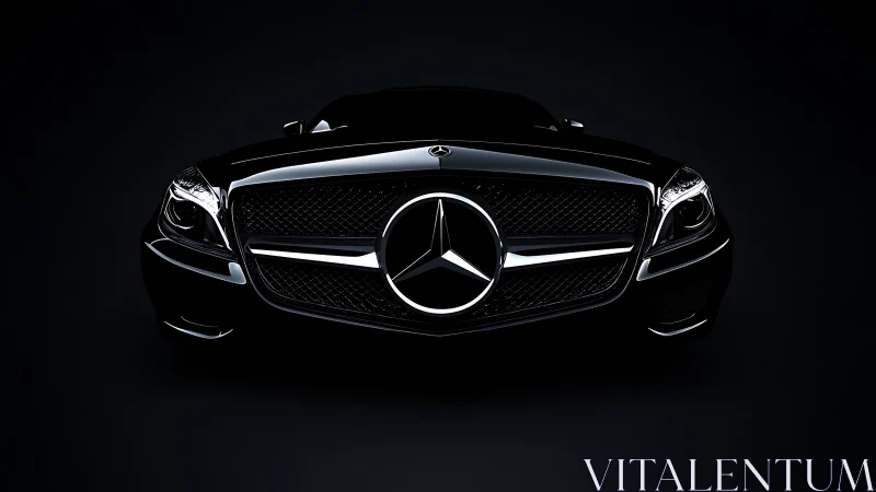 Glossy black luxury car grille emerges from deep shadow