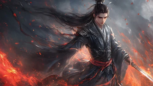 Digital painting of a dark swordsman amid dynamic firestorm.