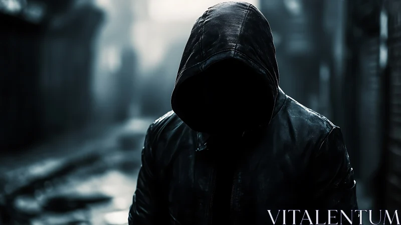 Hooded figure in a rainy alley, caught between light and shadow.