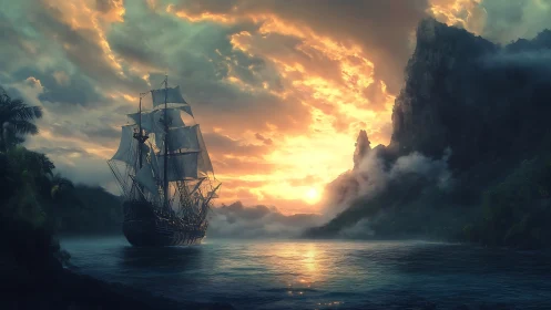 Golden sunset welcomes a tall ship into a misty island cove