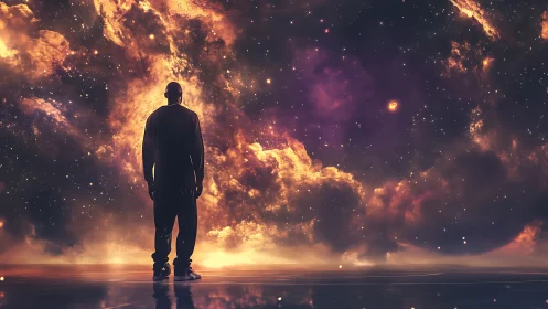 Solitary figure contemplates a luminous cosmic horizon.