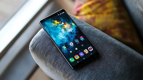 Modern Android Phone Glowing with Colorful App Icons.