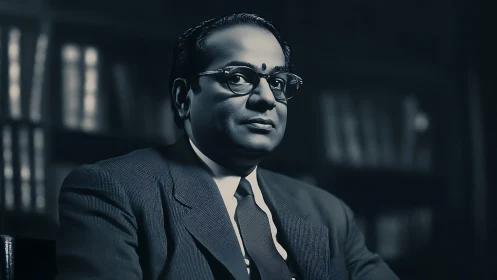 Stoic scholar in monochrome portrait, crisp formal attire.