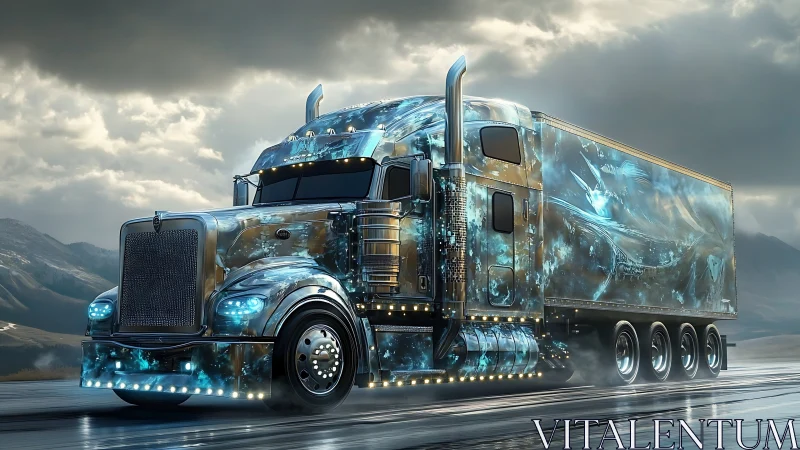 Photorealistic chrome semi truck with luminous ice-blue wrap design.