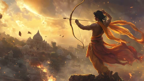 Mythic archer on cliff overlooking burning temple city at dusk