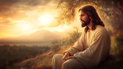 Figure in robe seated on hillside at warm sunset landscape.