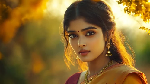 Elegant Indian Woman in Traditional Saree, Golden Hour Portrait.
