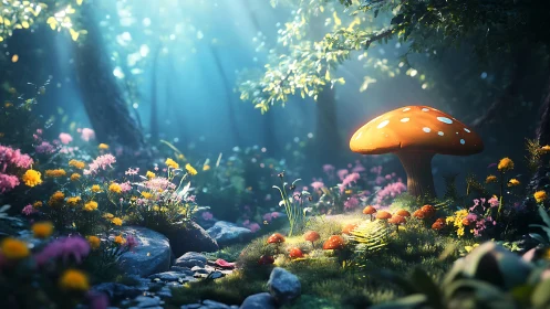 Sunlit mushroom kingdom glows in a storybook forest dream.