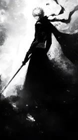 Monochrome swordsman silhouette in high-contrast ink storm.