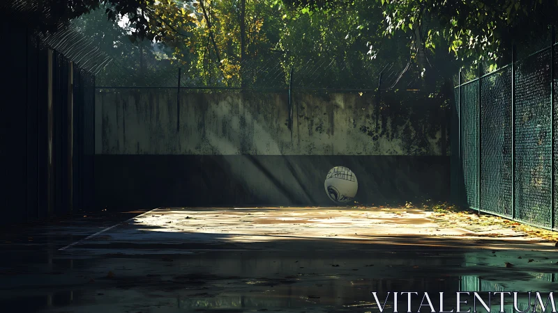 Lonely ball in rainlit court where sunlight lingers quietly.