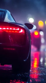 Photorealistic rear supercar profile in neon rain street scene.