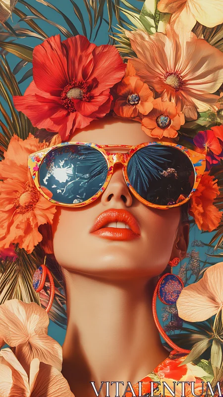 Hyper-saturated portrait integrates floral headdress with reflective lenses