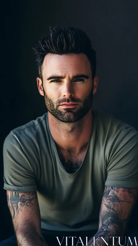 Moody tattooed man in soft studio portrait lighting.