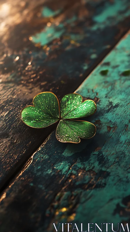 Four leaf clover on weathered teal wooden surface. Period.
