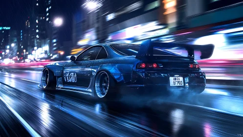 Aerodynamic tuner coupe on neon-soaked urban expressway at speed.