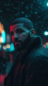Moody urban portrait under neon lights and falling snow.