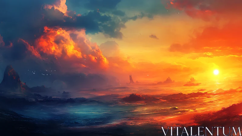 Fictional ocean horizon under vivid sunset and clouds.
