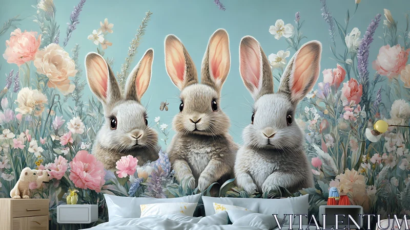 Whimsical nursery wall mural with three floral rabbits.