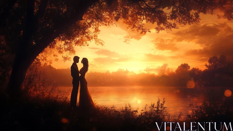 Romance Silhouetted Against Golden Sunset Over Water.
