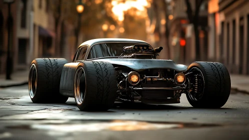 Street-stalking hot rod beast with thunderwide tires prowling.