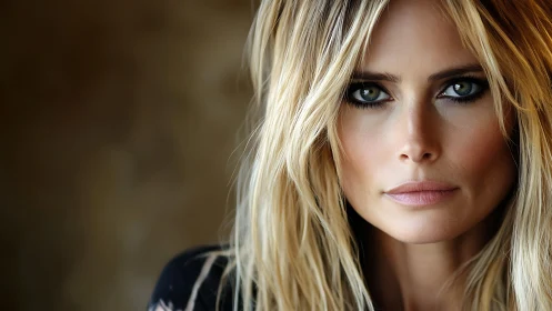 Close-up portrait with intense gaze and textured blonde hair.