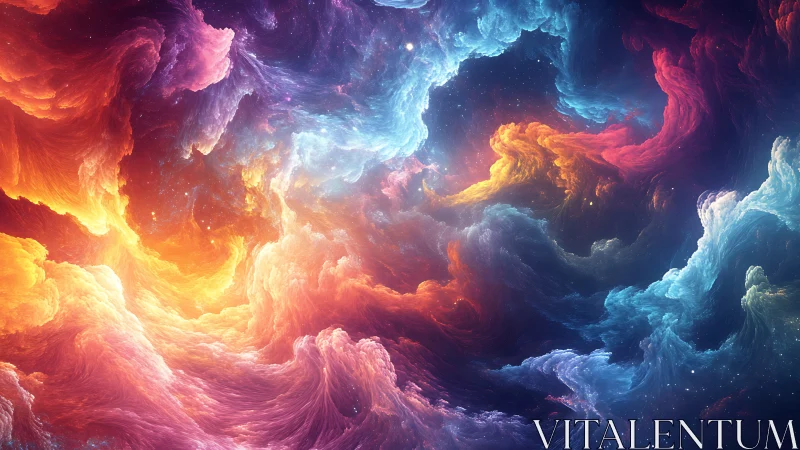 Vivid cosmic nebula with swirling multicolored gas clouds.