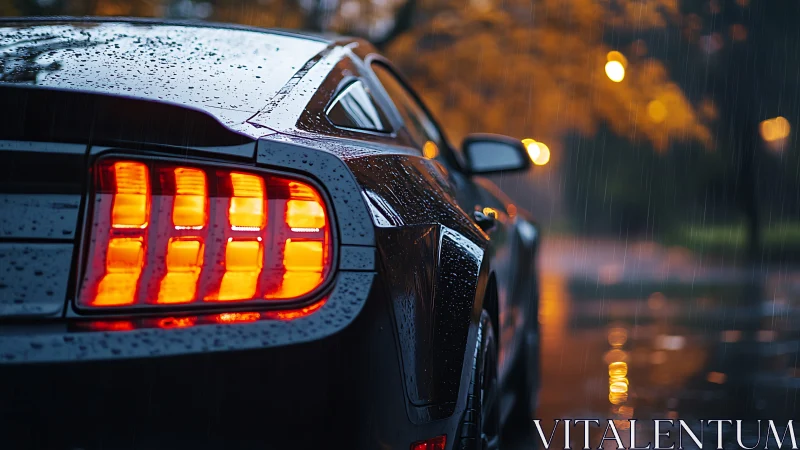 Sport coupe taillights glowing in cinematic evening rain.