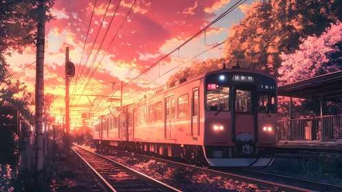 Orange commuter train moves through sunset-lit rural station