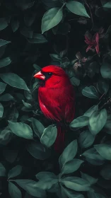 Saturated red cardinal isolated against dark teal foliage in soft focus
