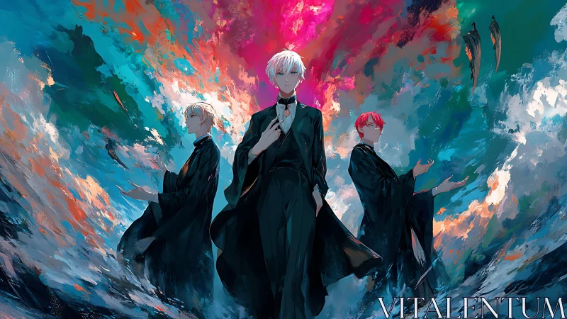 Three robed figures before turbulent abstract sky field.