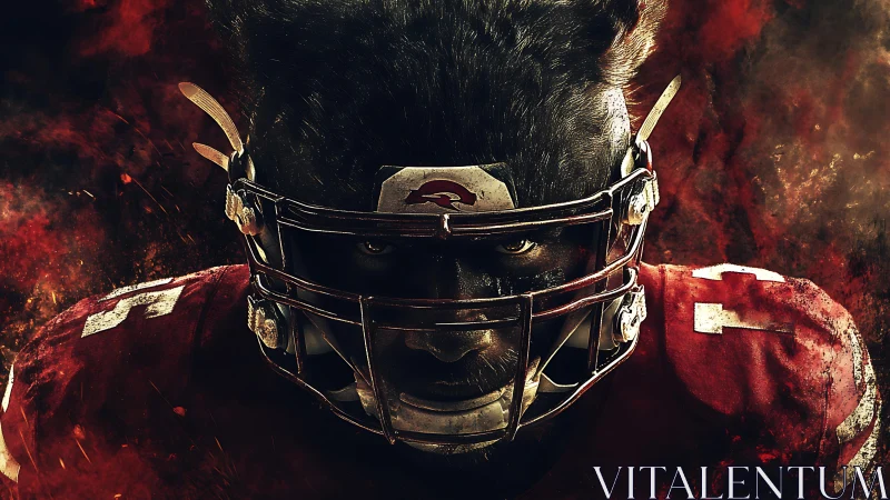 Intense football player stares forward under dramatic lighting