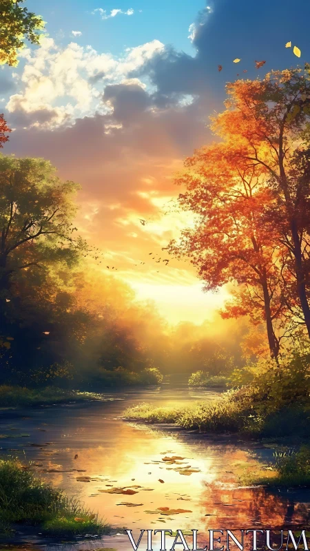 Golden autumn river at sunset under vivid sky.