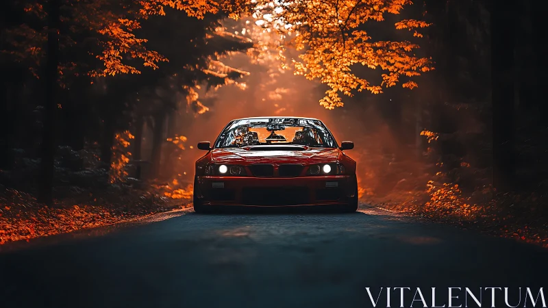 Crimson coupe slices through ember-lit autumn forest road.