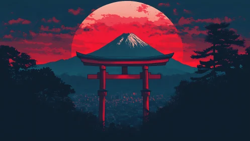 Torii silhouette frames crimson sun over Mount Fuji skyline.