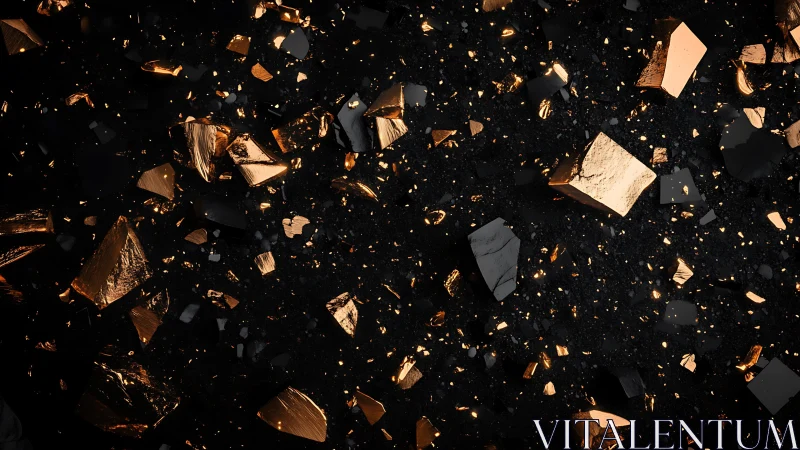 Fragmented metallic shards suspended in deep void field.