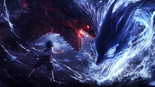 Anime elemental clash with dual spectral beasts in vortex composition.