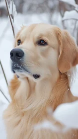 Golden retriever dog portrait in snowy outdoor environment