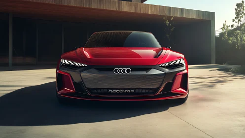 Red performance coupe front view in hard directional light.