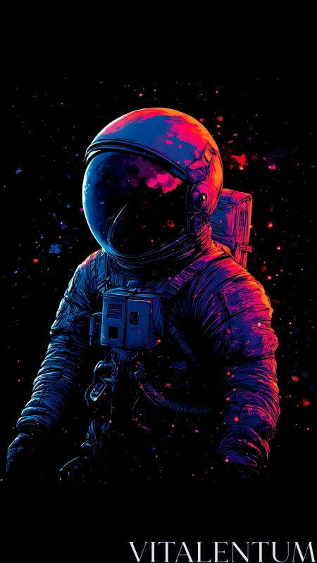 Neon lit astronaut suit rendered against deep black space