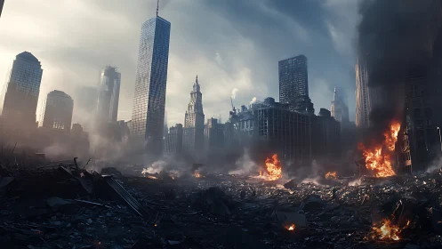 Urban skyline over ruined cityscape with structural fires.