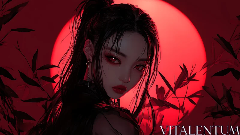 Crimson backlit anime portrait with red moon and foliage
