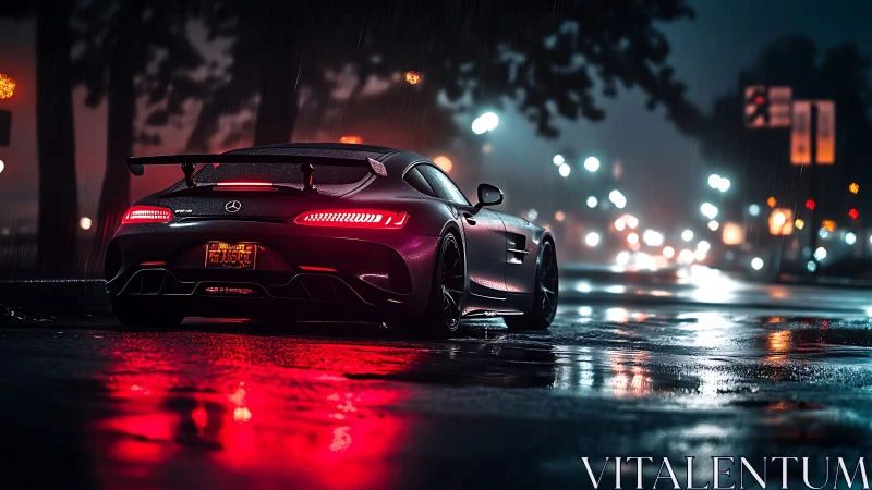 Sports coupe on wet city street at night in rainfall conditions.