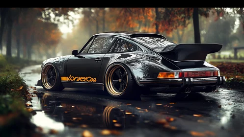 Classic black sports car glides along a wet autumn road.