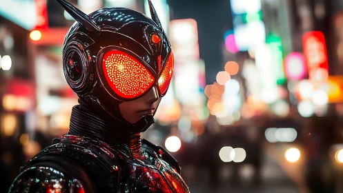 Cybernetic street sentinel with luminous visor in neon bokeh cityscape.