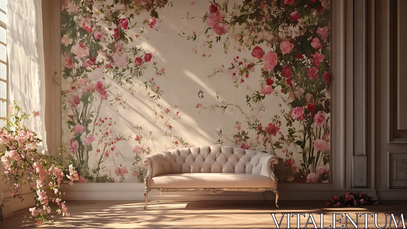 Romantic sofa rests beneath sunlit floral mural wall.
