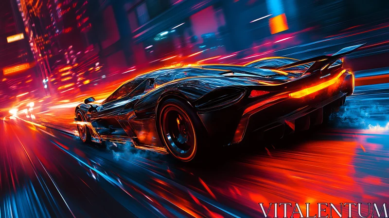 Cyberpunk hypercar streaks through neon soaked night city